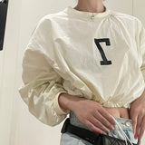 Kylethomasw Korean Letter Printed Loose Casual Long-sleeved T-shirt Women Summer New O-neck Drawstring Pleated Sexy Crop Tops