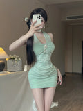 KYLETHOMASW  -  Sexy Halter Patchwork Lace Mini Dress Women 2025 Summer Sleeveless High Waist Folds Slim Fit Hip Evening Party Dresses