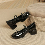 KYLETHOMASW  -  New Designer Round toe bowtie mary janes pumps women thick high heels lolita shoes ankle strap japanned leather talons femmes
