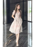 KYLETHOMASW  -  French Square Neckline Dresses Elegant Printed Dress Women Summer New Design Slim Waist A Line Long Vestido