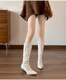 KYLETHOMASW  -  Autumn Winter Fashion Pleated Design Women Knee-High Boots Vintage Faux Suede Lace High heels Western Cowboy Long Booties Shoes