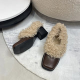 KYLETHOMASW  -  Ins style Fashion Square toe Patent Leather Wool Women Pumps Autumn Winter Warm High heels Loafers Casual Girls Chunky Shoes