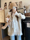 Kylethomasw Lace Patchwork Ribbed Sweater for Women Cutecore Bow V-neck Knitted Pullovers Winter Warm Fairy Grunge Gray Clothes Chic