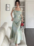 KYLETHOMASW  -  Elegant Satin Print Womans Dresses Summer New Fashion Strap Ruffles Chic A-Line Birthday Party Beach Holiday Vestidos Female