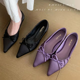 Kylethomasw Elegant Satin Pleated Bow Women Flat Shoes Pointed Toe Casual Brand Design Party Dress Shoes Comfortable Shallow Women Pumps
