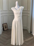 KYLETHOMASW  -  Casual White Solid Long Dresses Fairycore Slash Neck Inclined Shoulder Vestidos Summer Lace-up Ruched Trumpet Womens Dress