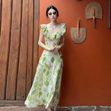 KYLETHOMASW  -  Floral Long Skirt Slimming Waist Design Summer Vaion Travel Women's Dr High Waist A-Line Stand Fit V-Ne Casual Wear
