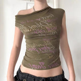 KYLETHOMASW  -  American street one shoulder wing printed short sleeved crop top T-shirt, spicy girl slim fit versatile casual top