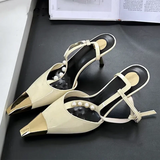 Kylethomasw Metal Pointed Toe Stiletto Sandal Women Luxury Pearls Strap Buckle Designer High Heels Party Prom Shoes Summer Women Pumps