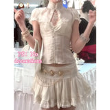 KYLETHOMASW  -  Japanese Summer Renaissance Outset Chic Puff Short Sleeve Button Down Blouse Lace Trim Skirt Elegant Vintage Y2k Harajuku 2pcs