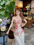 KYLETHOMASW  -  Summer Women Two Piece Set Floral Corset Top and Lace Midi Skirt Elegant Mesh Outfit Slim Fit Vintage French Style Beach Suit