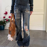 KYLETHOMASW  -  Women Punk Y2K Streetwear Jeans Rivet Ripped Distressed Straight Micro Flare Long Denim Trousers Loose Casual Ladies Pants