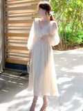 KYLETHOMASW  -  Vintage Elegant V-neck Pleated White Dresses for Women Summer Boho High Quality Party Femme Lantern Sleeve Fairy Princess Dress