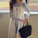 KYLTHOMASW  -   Women Summer Hollow Out Lace Up Long Lace Dress French Vintage Y2k Dress Korean Retro Fashion Clothing Beach Style