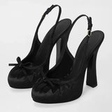 KYLETHOMASW  -  New Women's Beige/Black Satin Slingback Pumps Bowknot Decor Round Toe Platform Block High Heel Fashion Party Evening Shoes