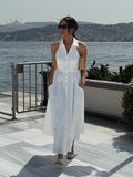 KYLETHOMASW  -  Women Waist Cinching A-line Dressess Casual Laple Single Breasted Pockets Belt Long Dress Female Summer Lady Evening Party Gown