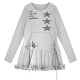 KYLETHOMASW  -  Y2K Aesthetic Women's Sweatshirt Dress Gray Star Rabbit Print Drawstring Ruffle Hem Long Sleeve Casual Dress 2000s E-girls