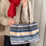 KYLETHOMASW  -  Y2k Aesthetic Contrast Color Striped Handbags Women Fashion Fluffy All Match Shoulder Bags Korean Chic Office Lady Underarm Bag