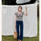KYLETHOMASW  -  Korean Version Sweet Lace Short Sleeved Doll Retro Lace Navy Collar Plaid Shirt Women Short Cut French Style Shirts