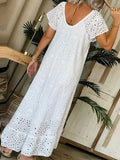 KYLETHOMASW  -  Women's Casual White Swing Party Dresses YK2 Ladies Elegant O-neck Hollow Long Dress Vestidos Summer Loose Short Sleeve Dress