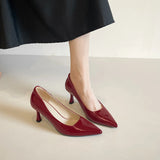 KYLETHOMASW  -  Red Shiny Leather Pumps Women 6CM Kitten High Heels Shoes Sexy Pointed Toe Escaprins Mujer OL Office Tacones Bride Wedding Shoes