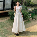 KYLETHOMASW  -  Summer French Style Dress for Women V Neck Short Sleeve Lace Trim Slim Fit Waist A Line Long Dress Elegant Flattering Design
