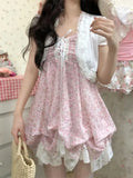 KYLETHOMASW  -  Summer Floral Lace Vintage Fairy 2 Piece Sets Woman Sweet Sleeveless High Waist Elegant Dress Suit Female Korean Fashion