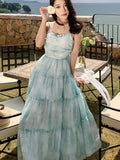 KYLETHOMASW  -  Korean Spaghetti Strap Long Dresses for Women Elegant Sleeveless Tie Dye Birthday Party Dress Summer Holiday Prom Vestidos Robe