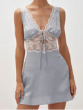 KYLETHOMASW  -  Woman Chic Casual Light Blue Satin Lace Mini Dress Sexy V-neck Tie Front Sleeveless Slip Dresses New Party Club Vestidos