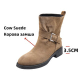 KYLETHOMASW  -  Luxury Women Ankle Boots Cow Suede Round Toe Motorcycle Boots Thick Low Heels Warm Autumn Winter Shoes Buckles Boots