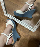 KYLETHOMASW  -  Summer Casual Style Women's Platform Wedge Peep-Toe Sandals White Snake-Embossed Upper Silver Star Accent Retro Sandals