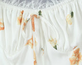 KYLETHOMASW  -  Retro White Flower Bow Ruched Chest Lace Slash Collar Satin Mini Dress Women Short Puff Sleeve Low Waist Swing Dresses Robe