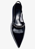 KYLETHOMASW  -  Elegant Black Patent Leather Heels Women Luxury Metal Chain Slingback Designer Shoes Comfort Pointed Toe Kitten Heel Office Shoe