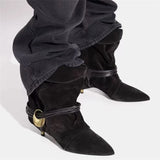 KYLETHOMASW  -  Metal Embellished Nubuck Ankle Boots Women Elegant Kitten-heel Modern Boots Warm Sexy Pointed Toe Western Cowboy Boots Brown