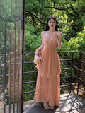 KYLETHOMASW  -  Pleated Maxi Dress for Women Spaghetti Strap Halter Vacation Robe Bohemian Style Summer Fashion Birthday Dresses Clothes