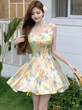 KYLETHOMASW  -  New Floral Chic Bow Square Collar Sling Short Dress Women Elegant Casual A-Line Dress Summer Korean Bodycon Kawaii Dresses