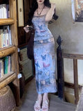 KYLETHOMASW  -  Sexy Summer Maxi Dress Women Preppy Style Fashion Butterfly Print Sleeveless Strap Dresses Casual Clubwear Elegant Party Dresses