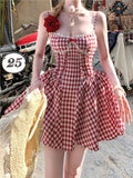 KYLETHOMASW  -  Y2K Red Plaid Princess Short Dresses for Women Summer New Slim Spaghetti Strap Corset A-line Party Dress Prom Vestidos Mujer