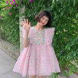 KYLETHOMASW  -  Women Pink O neck Floral Printed Flying Sleeve Puffy Dress 2024 Summer New Sweet Fairy Short Dresses Female Vestidos