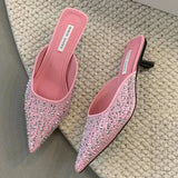 Kylethomasw Sparkling Rhinestone Luxury Slippers for Women Sexy Pointed Toe  Low Heel Slides Fashion Footwear Diamond Dress Sandals Women