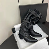 KYLETHOMASW  -  Vintage Pleated Belt Buckle Faux Suede Women Knee High Boots Autumn Winter Fashion High heels Western Cowboy Knight Boots Shoes