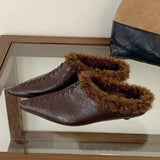 KYLETHOMASW  -  Winter Warm Fluffy Slippers Woman Retro Sewing Pointed Toe Low Heel Mules Shoes Outdoors Casual Comfortable Fur Slippers