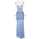 KYLETHOMASW  -  European Women Spaghetti Strap Mesh Maxi Dress Backless Cutout Split Slim Bodycon Beach Dress