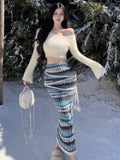 KYLETHOMASW  -  Autumn Winter Chic Knitted Womens Two Pieces Set Cropped Pullover Top High Waist Striped Bodycon Long Skirt Suit Casual Clothing