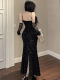 KYLETHOMASW  -  Sexy Sequins Black Womens Dresses Elegant Spaghetti Strap Hollow Out Bodycon Party Dress Summer Slim Waist Vestidos Female Robe