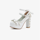 KYLETHOMASW  -  Summer 2025 Ladies 2.5 Platform Cute Bow Lace Princess Lolita Shoes Party 10cm High Heel Buckle Big size 43