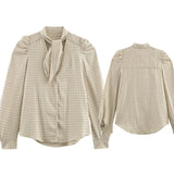 KYLETHOMASW  -  French Vintage Checkered Puffed Sleeve Bow Tie Shirt 2026 Spring Autumn Blouses Women's Clothes Casual Tops