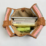 KYLETHOMASW  -  Retro Contrasting Striped Straw Woven Shoulder Bag Hand Crocheted Large Capacity Bag Casual Beach Vacation Hand-held Straw Bag