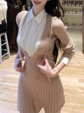 KYLETHOMASW  -  Korean Fashion Sweet Knitted Fake Two Piece Dress Women Long Sleeve Patchwork Chic Slim Dresses Autumn Design Elegant Clothing