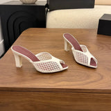 KYLETHOMASW  -  Women Mesh Mule Heels Red Coral Beads Seashell Decor High Heel Summer Beach Vacation Fashion Sandals Open Back Slip On Party